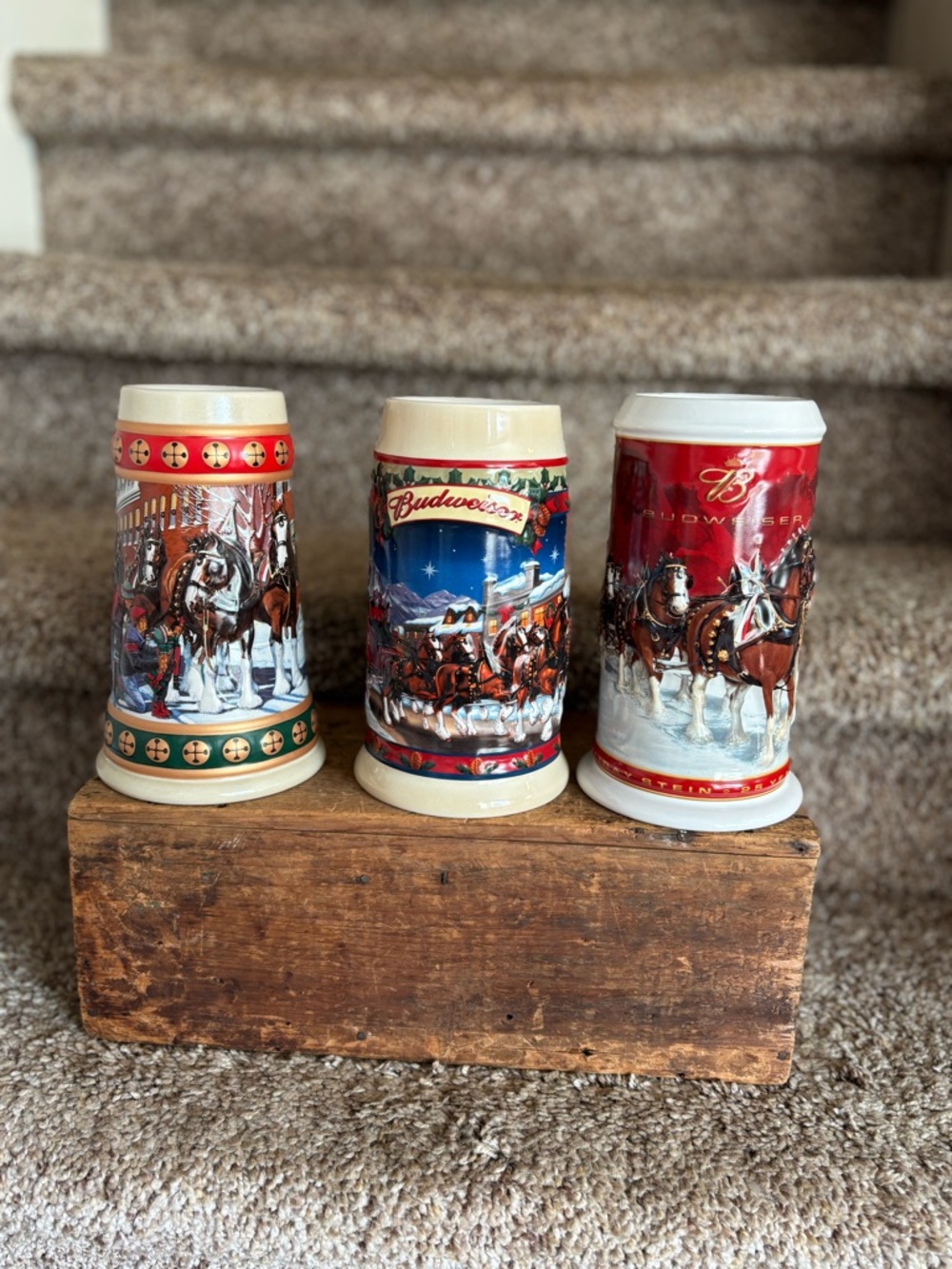 Budweiser Holiday Clydesdale Stein Trio with Red, Cream, Green Accents